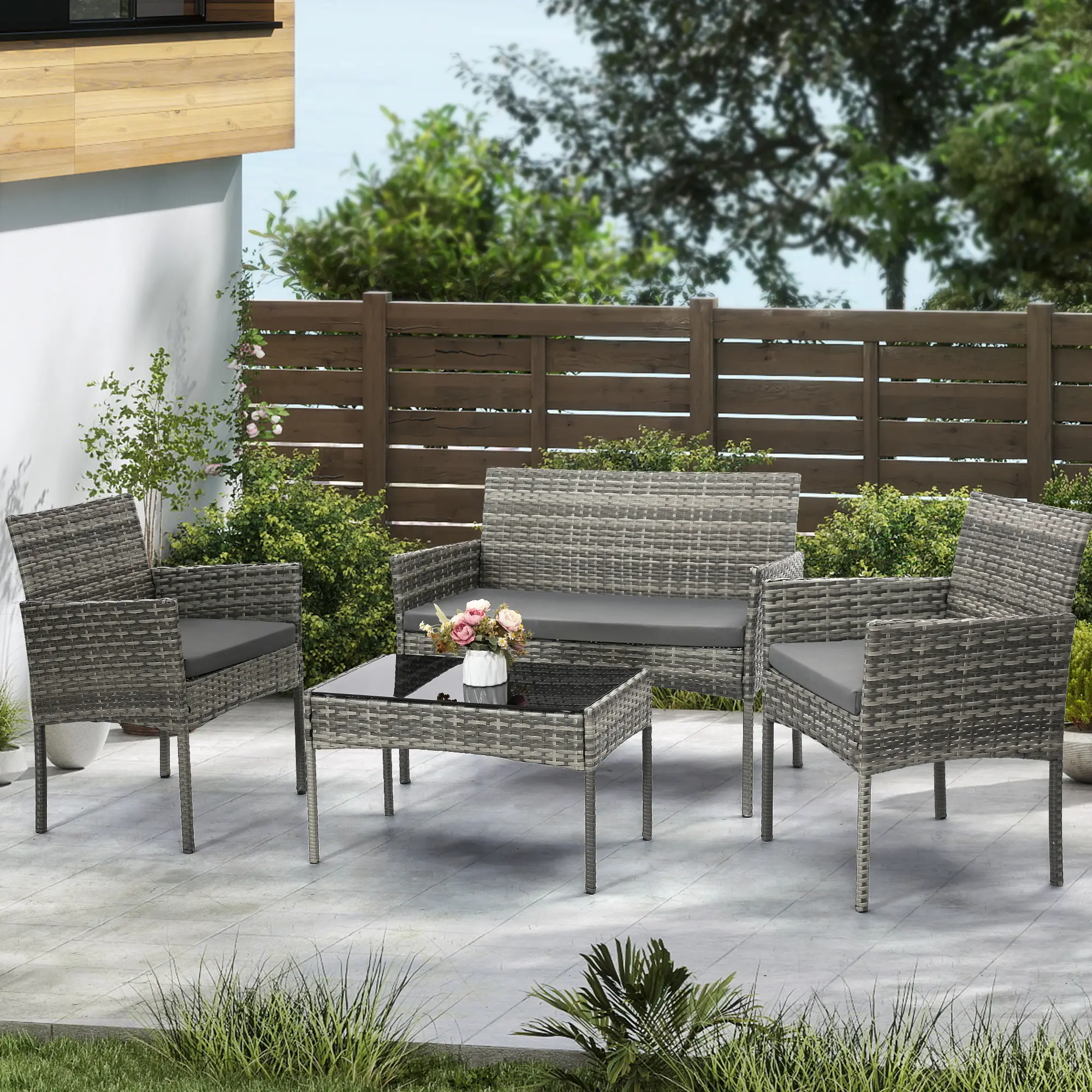 4 Piece Patio Furniture Set, Outdoor PE Rattan Conversation Set with Washable Cushions & Tempered Glass Tabletop, Matching Wicker Chairs, Sofa, and Coffee Table,  Porch, Garden, Balcony (Grey),summerwins summergarden