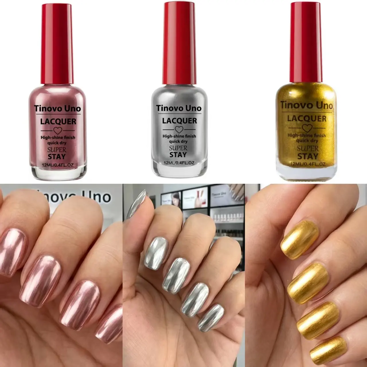 Tinovo Uno 3-piece set of mirror-finish Metallic Chrome nail polish, Finger Nail Polishes, no baking, alcohol-free, salon-grade chrome bright finish, long-lasting and non-peeling, perfect for adult holiday party manicures, Durable, Fingernail Polish