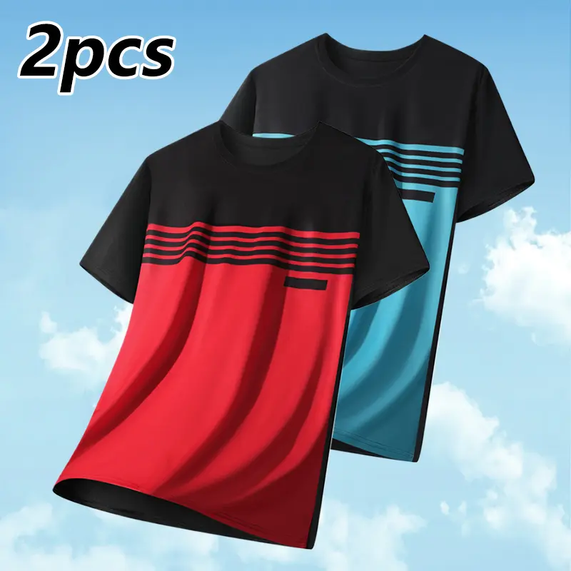 3-Pack Men's  Summer T-Shirts - Contrasting Stripes, Regular Version Micro Elastic Fitness Athletic Fashion Activewear men's t shirts