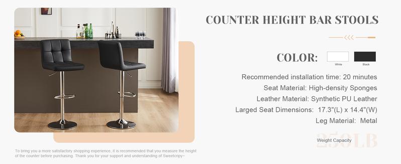 Set of 2 PU Leather Adjustable Swivel Barstools with Back and Armless Design Hydraulic Kitchen Counter Height Bar Stools