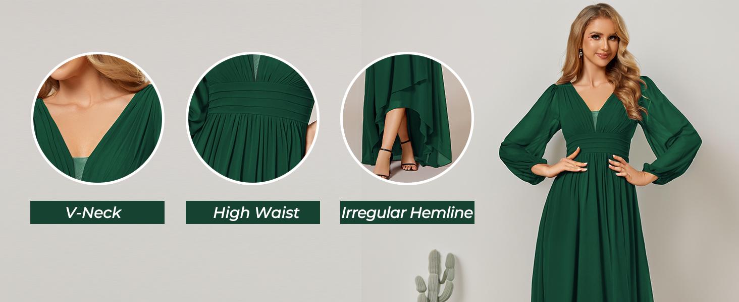 Ever-Pretty Fall A-Line Pleated See-Through Long Lantern Midi Chiffon Bridesmaid Dress 02043 - Elegant Chic Women's Wear Basic Cute Minimalist Pink V-neck ,wedding guest dress, Formal dress