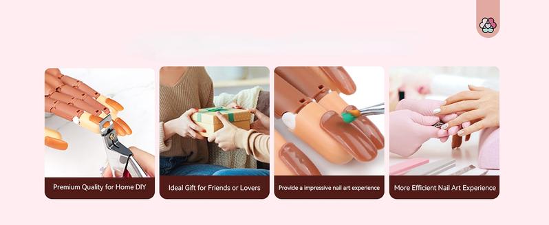 Practice Hand for Acrylic Nails, Flexible Moveable Fake Hands, Manicure Trainng Hand Nail Kit for Beginners, Movable Nail Maniquin Hand with 200PCS Nail Tips, Nail Glues, Brush and Clipper