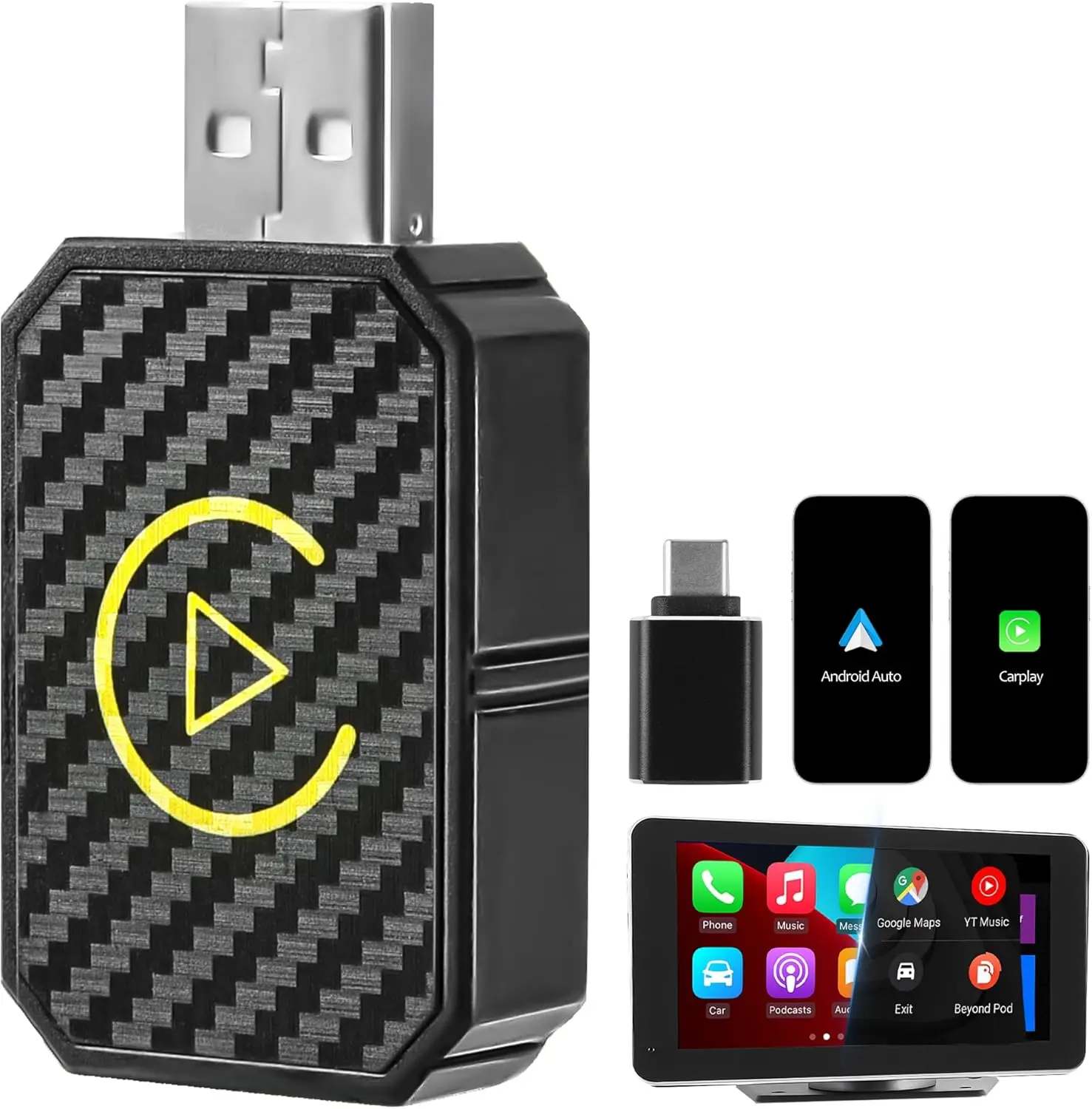 Wireless CarPlay Adapter - 1x Type-C Adapter for Converting Wired CarPlay & Android Auto, Compact, Voice Control, Durable, Boosts Response Speed & Stability, Reduces Cable Clutter, Compatible with Over 800 Cars & 10,000 Compliant Devices, Wireless Carplay