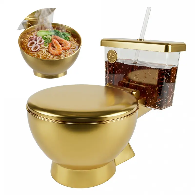 2-in-1 Noodle Bowl with Detachable Drink Compartment, Prank Gift, Special Gift, Emoji, Funny Golden Toilet Shape Bowl – 650ml Drink Compartment + 1120ml Stainless Steel Bowl, Creative Gift for Ramen Lovers – Holiday Gift