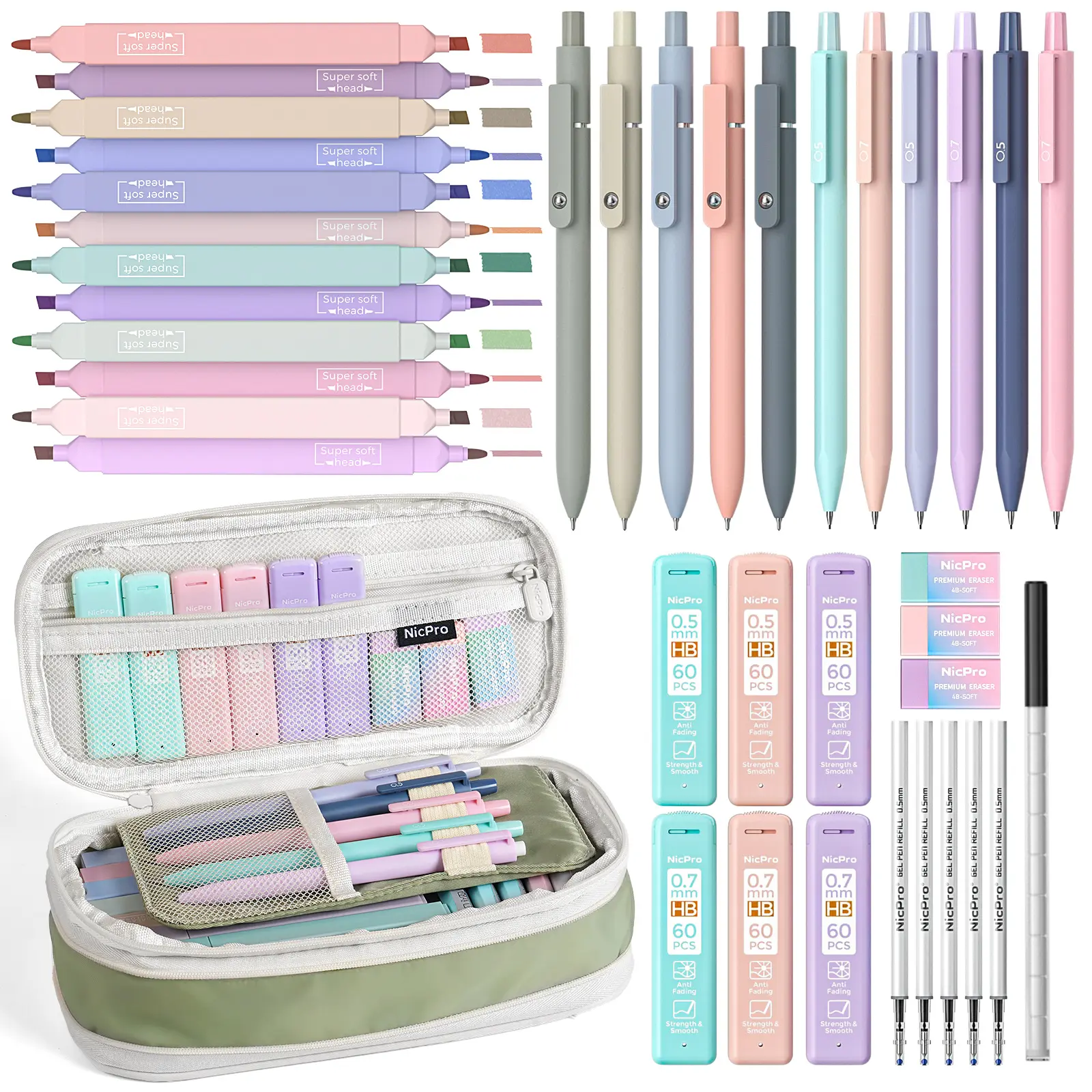 Nicpro Stationary Set, Cute Office & School Supplies with Big Capacity Pencil Pouch, 6 Pastel 0.5-0.7mm Smooth-Writing Mechanical Pencils & Markers for Students,back to school,back to school shopping,back to school,back to school haul