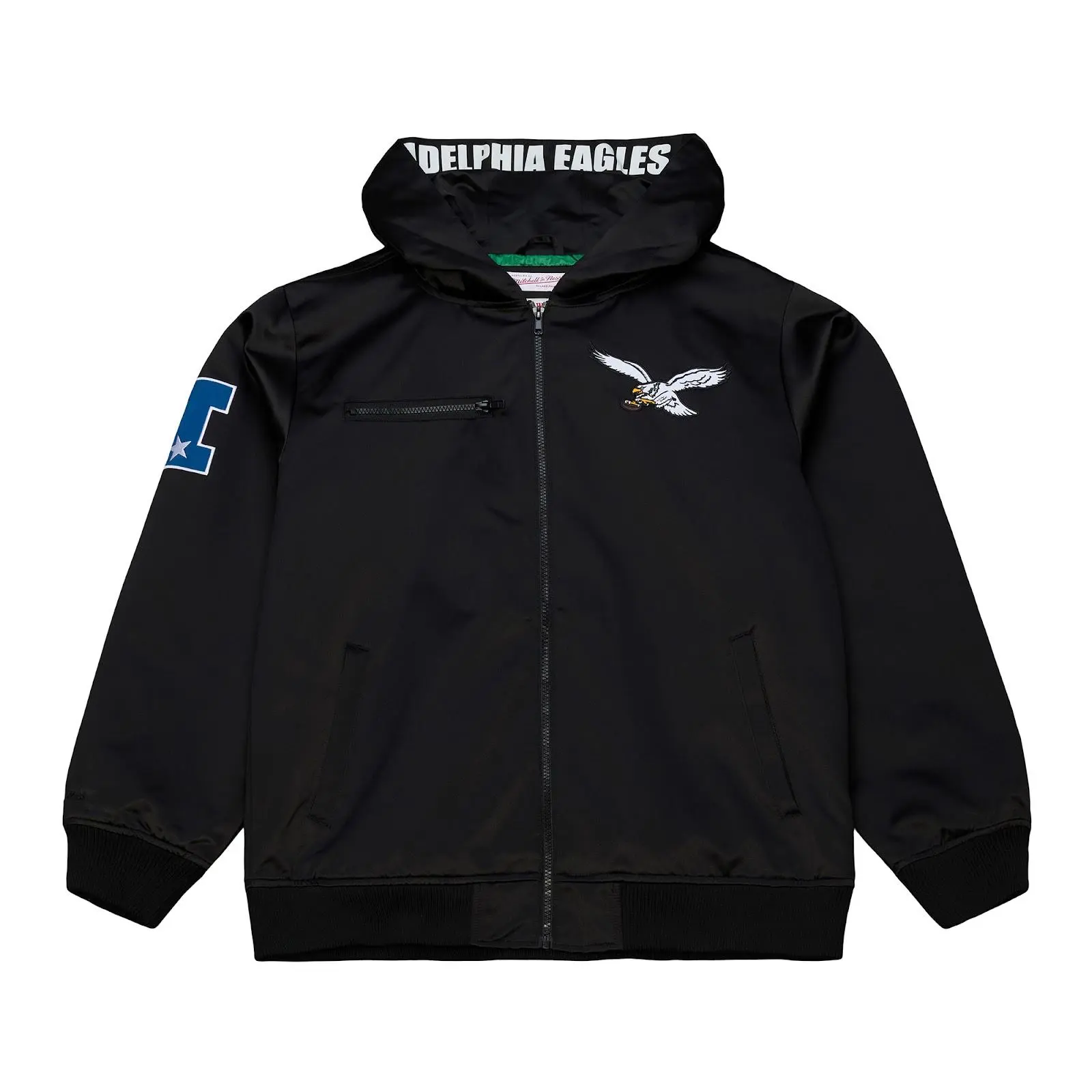 Mitchell & Ness Menswear Philadelphia Eagles Black Walk the Tunnel Hooded Satin Bomber - Full-Zip Jacket, Ribbed Knit Embroidered Fabric