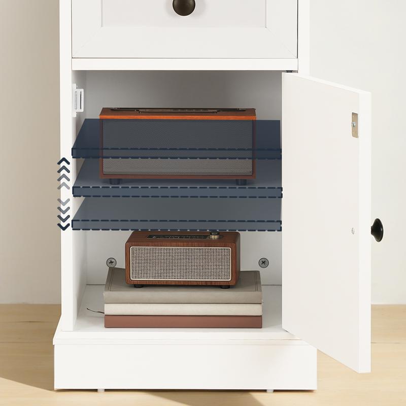 HOOBRO End Table with Charging Station, Side Table with Outlets and USB Ports, Bedside Table with Drawer and Cabinet, Nightstand with Storage, Farmhouse Style, for Living Room, Bedroom, Study, Office, White and Charcoal Gray