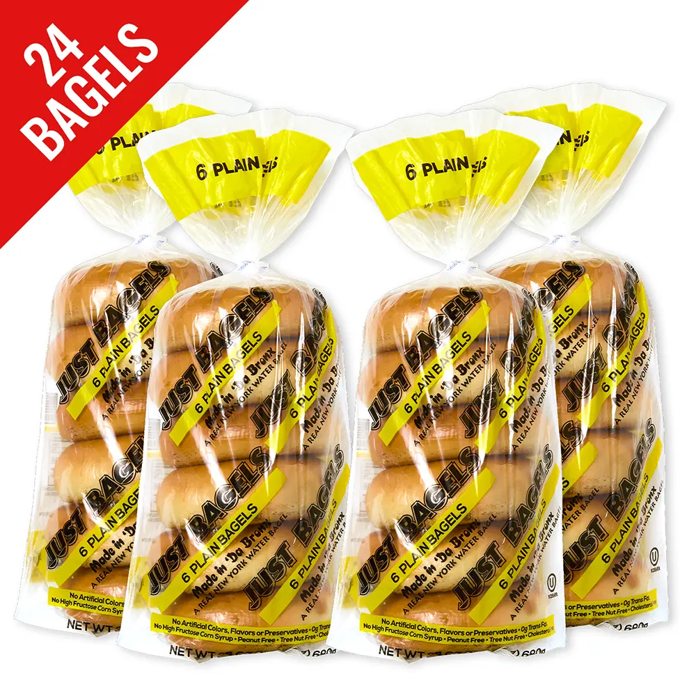 Just Bagels Plain Bagels 4 Packs Of 6 Non-GMO Authentic New York Style Chewy Crunchy Bagels Made in Da Bronx