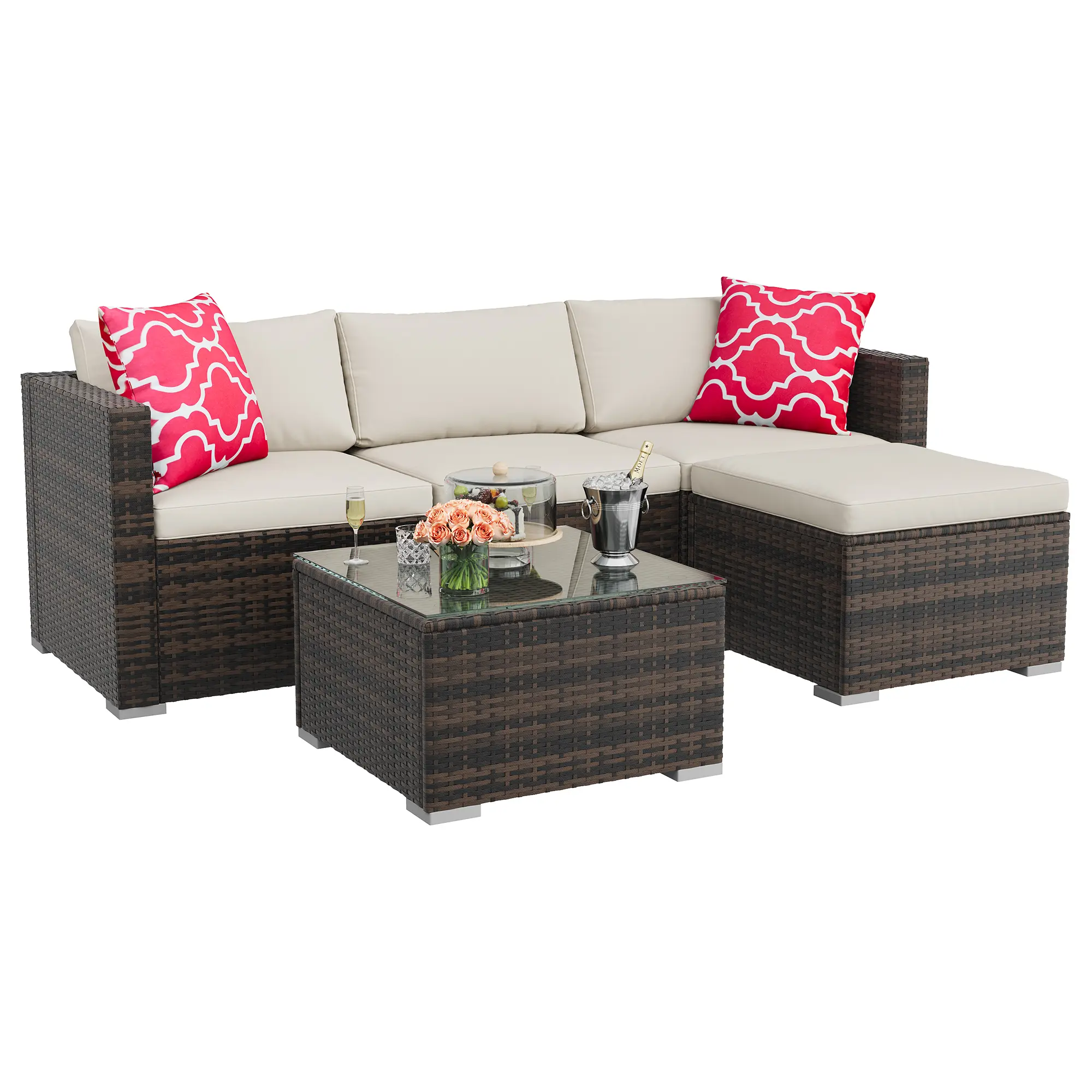 5-Piece Outdoor Rattan Patio Sofa Set - L-Shaped All-Weather Sectional Garden Furniture with PE Wicker, Iron Frame, Tempered Glass Table, Cushions & Pillows, Modular Conversation Set for Balcony, Poolside, Deck