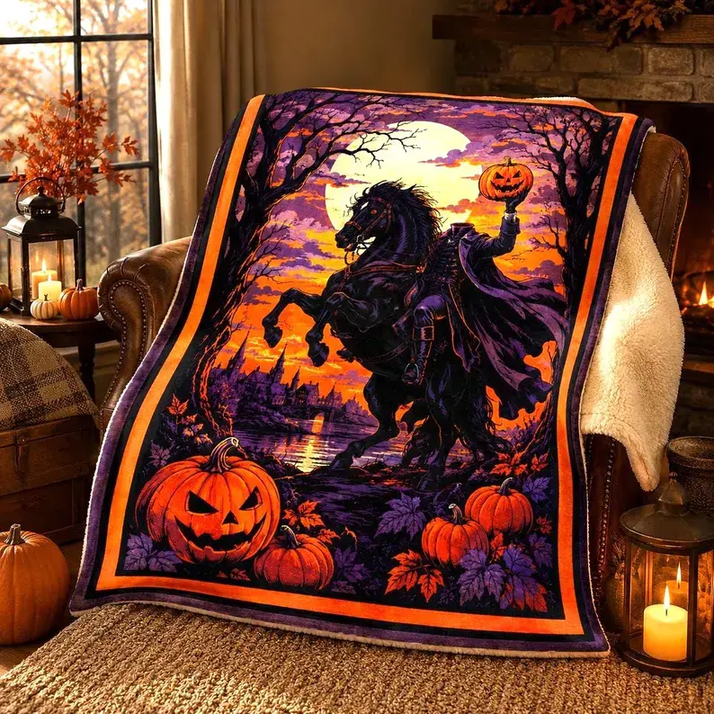 Headless Horseman Sherpa Fleece Blanket, Sleepy Hollow Halloween Throw, Gothic Pumpkin Rider Blanket, Spooky Fall Home Decor Blanket Decor Throw Blanket Birthday Anniversary Holiday Christmas Halloween
