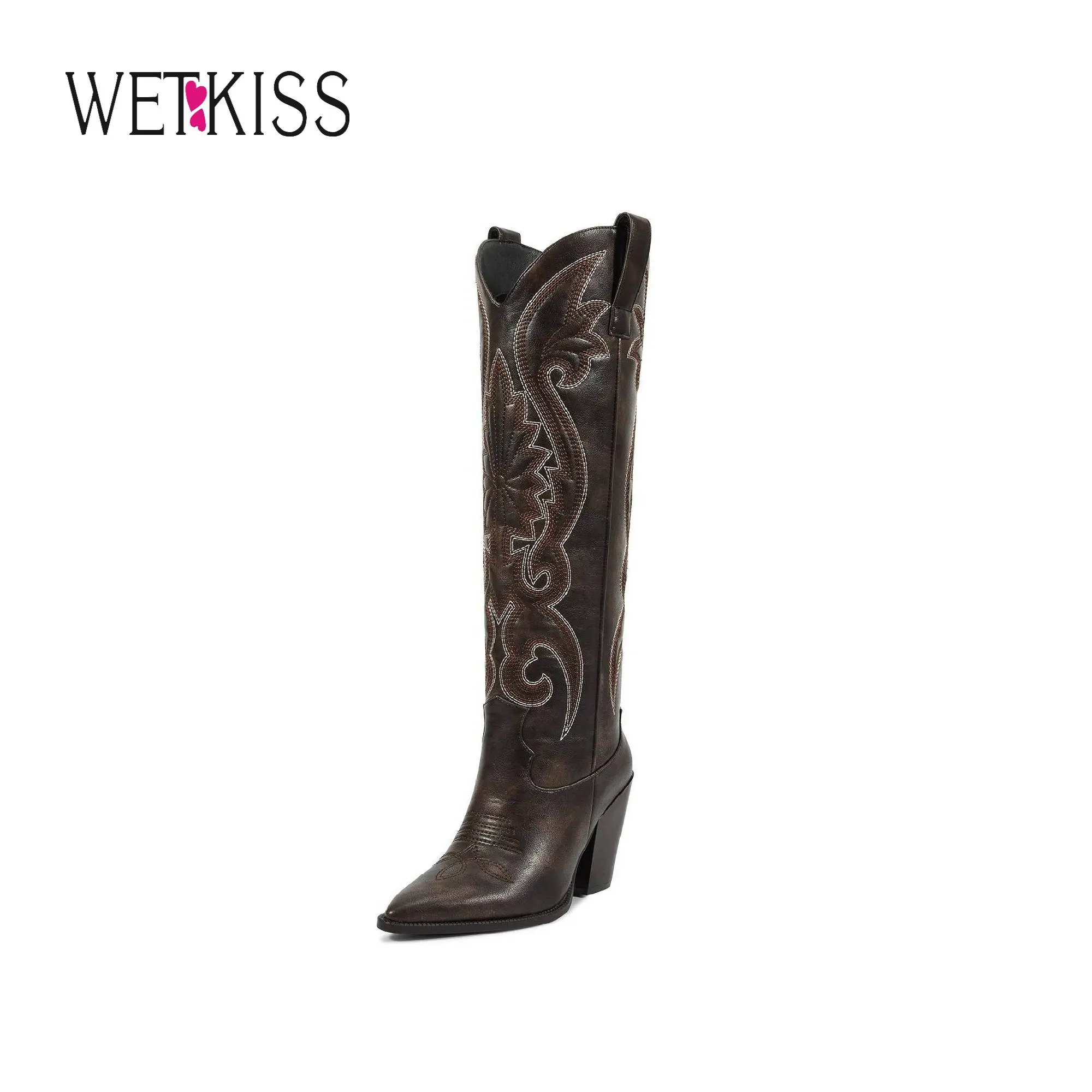 Wetkiss Womens Western Cowgirl Cowboy Knee High Boots with Embroidered Pointed Toe Chunky Heel Slip on Retro Tall shoes ,Women's Shoes,Women's Boots  #WeeklyDeals#tiktokshopbacktoschool #tiktokshopsummersale