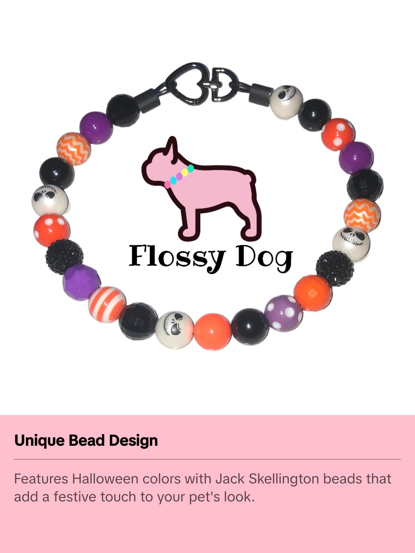 Howl-o-ween Beaded Dog Collar | Durable Dog Necklace | Orange, Black, White, Purple Jack Skellington Bead Collar | with Collar Charm