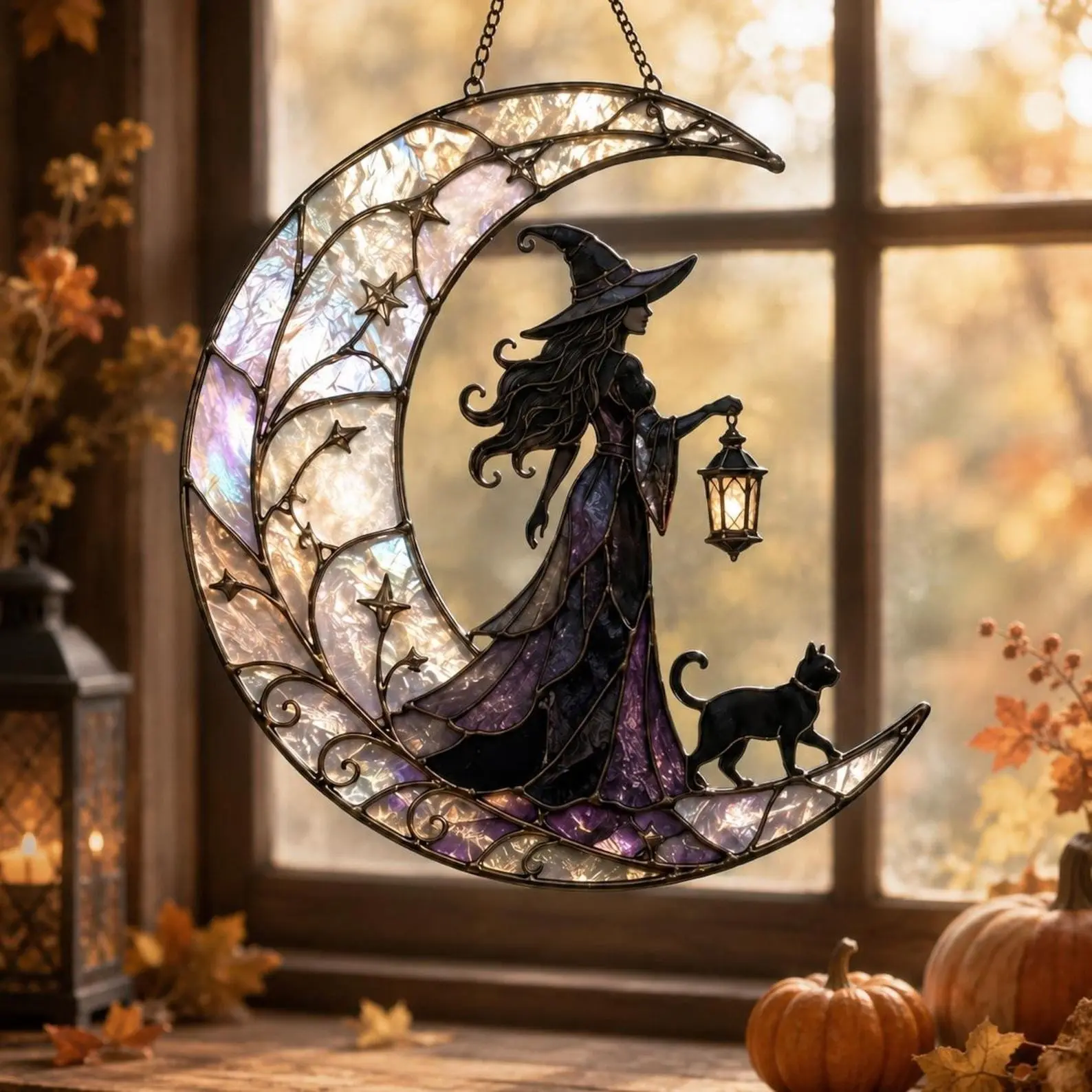 Witch Moon Cat Acrylic Suncatcher, Gothic Celestial Window Decor, Black Cat Halloween Ornament, Mystical Boho Gift for Witchy Home Lovers
