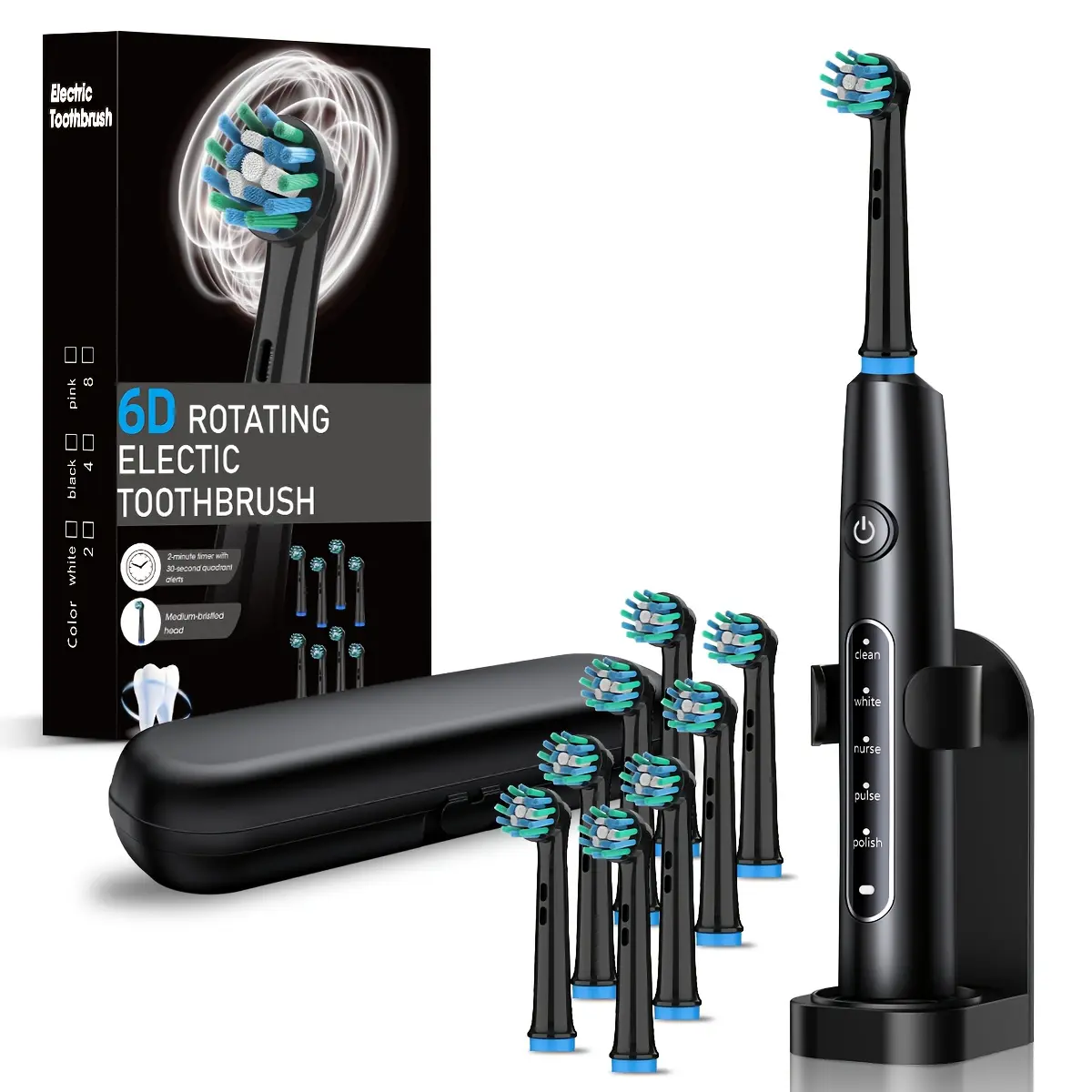 Smart Rotating Electric Toothbrush Set, Toothbrush Kit, 8 Interchangeable Heads & Travel Case Included, Soft Bristles Deep Cleaning Oral Care Gift