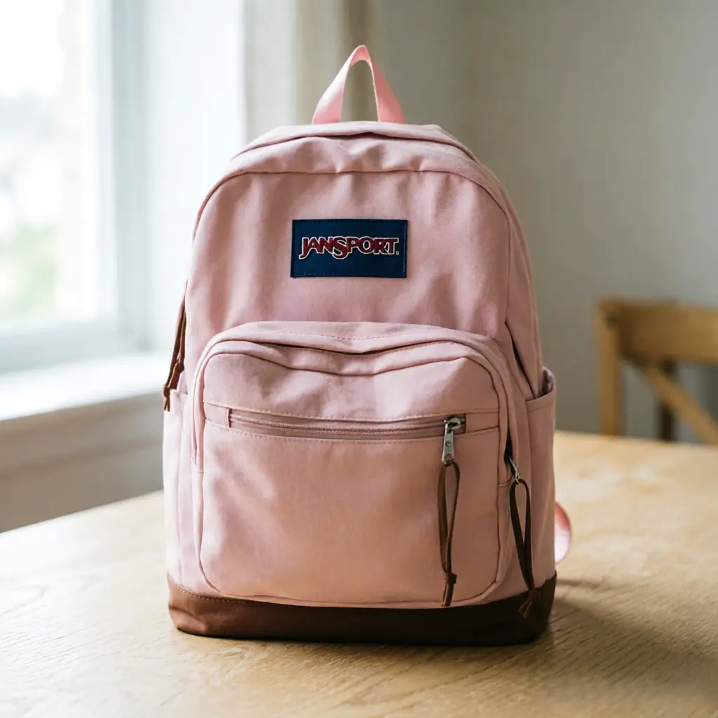 Unisex JanSport Classic Right Pack School Backpack - Premium Canvas Rucksack with Zipper, Recycled Polyester, Laptop Sleeve, Organized Front Pocket, Leather Base, Blush Pink Functional Tech Bag