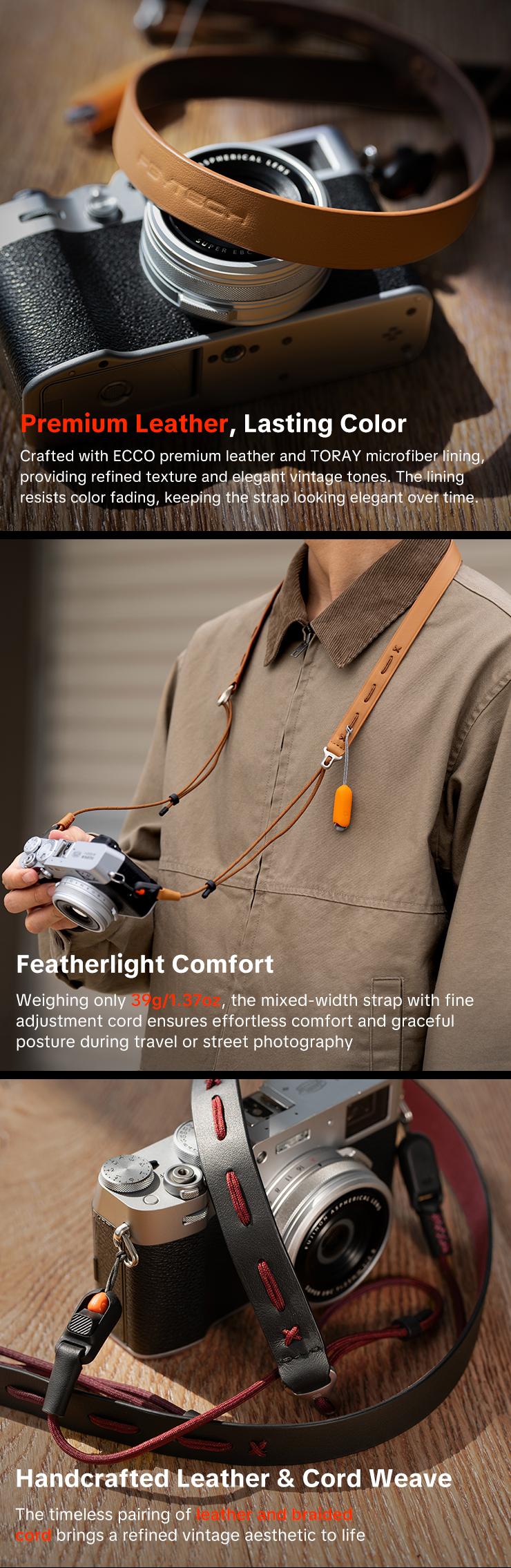 PGYTECH Camera Strap Slim for Mirrorless - Leather Harness Quick Release Adjustable Camera Neck Shoulder Strap for Compact Camera, Instant Camera and Smartphone