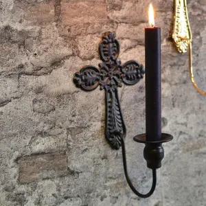 Iron Cross Candle Holder Wall Hanging Candlestick for Easter Church Decor Black[1.13]