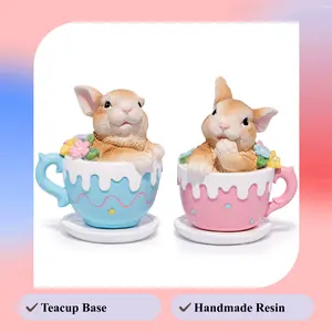 Hodao 2026 Handmade Resin Easter Bunny Figurine with Teacup & Saucer Base Spring Home Decor & Gift for East easter decorationser
