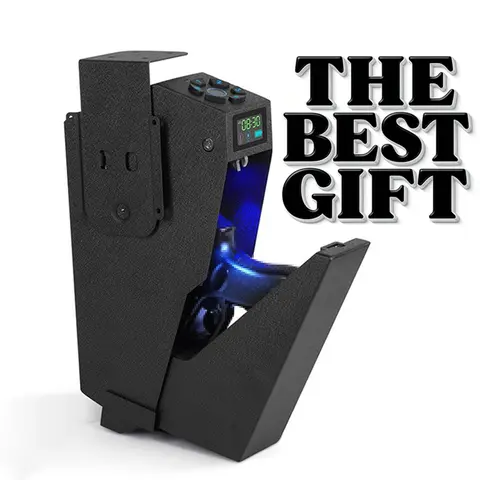Biometric Mounted Gun Safe for Nightstand,Desk,Bed Side,Wall,Truck desktop storage and accessories-Auto Open Hidden Handgun Safe-with Fingerprint,4-button BacklitKeypad,KEY