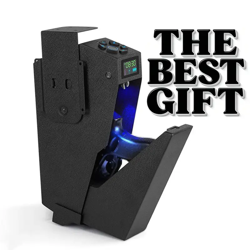 Biometric Mounted Gun Safe for Nightstand,Desk,Bed Side,Wall,Truck desktop storage and accessories-Auto Open Hidden Handgun Safe-with Fingerprint,4-button BacklitKeypad,KEY