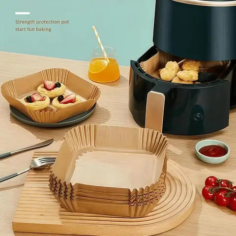 100 pieces of baking paper, air fryer paper, disposable air fryer paper for microwave use, square non-stick air fryer liner, bleach-free (inner circle 6.1*6.1 inches) Special attention to placing enough food