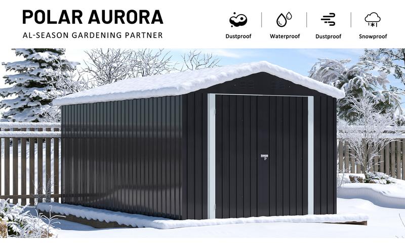 Outdoor Storage Shed - A Weatherproof Metal Utility Shed equipped with a Door and Ramp Access, Perfect for Exterior Applications in Gardens, Backyards, and Patio Areas. Outdoor Storage Shed - A Weatherproof Metal Utility Shed equipped with a Door and Ramp Access, Perfect for Exterior Applications in Gardens, Backyards, and Patio Areas.