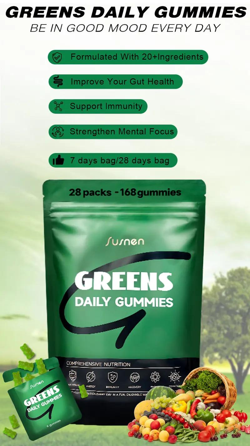 Susnen Greens Daily Gummies Multivitamin DailyWellness Supplement Green Apple 20+ in 1 Multivitamin with 20+ Nutrient-Dense Ingredients for Stress & Bone Support Healthcare Fitness-2