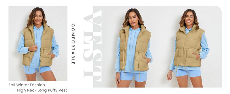 UANEO Women's Puff Vest Winter Drawstring Stand Collar Full Zip Sleeveless Padded Gilet