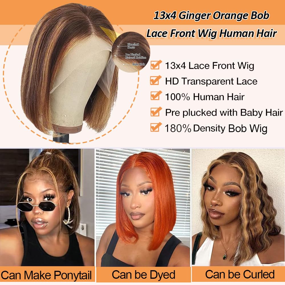 Human Hair Wigs  4/27 Honey Blonde Highlight Ombre Bob Wig Human Hair Highlight Ombre 4x4 HD Lace Front Pre Plucked 180 Density Short Bob Wigs for Women Glueless 10 Inch