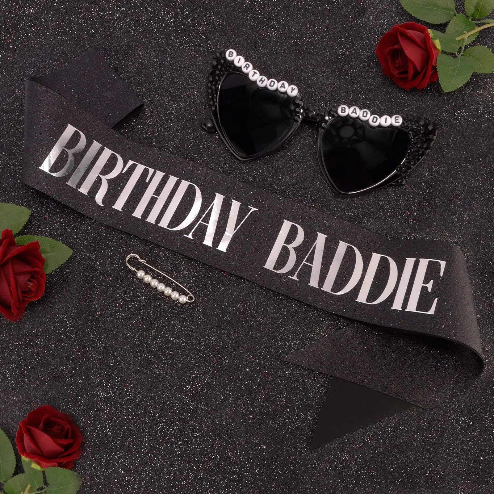 Women's 2PCS Birthday Baddie Sash & Sunglasses Set - Party Accessories with Pins, Ideal for 21st/25th/30th/40th/50th/60th Birthday Party Decor & Favors