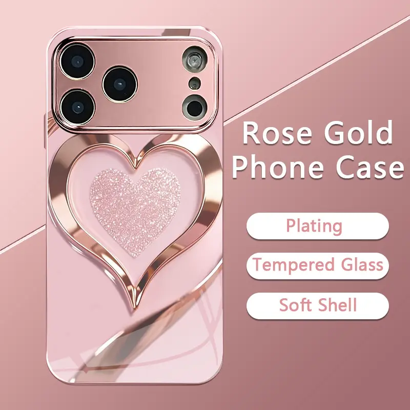 Rose Gold Heart Tempered Glass Phone Case | Luxury Plating Smooth Glossy Hard Cover  💖✨ for iPhone 17 16 Pro Max/14/15/13P/12/11/X/8/7  Models| Cute Pink Valentine's Gift for Her-952