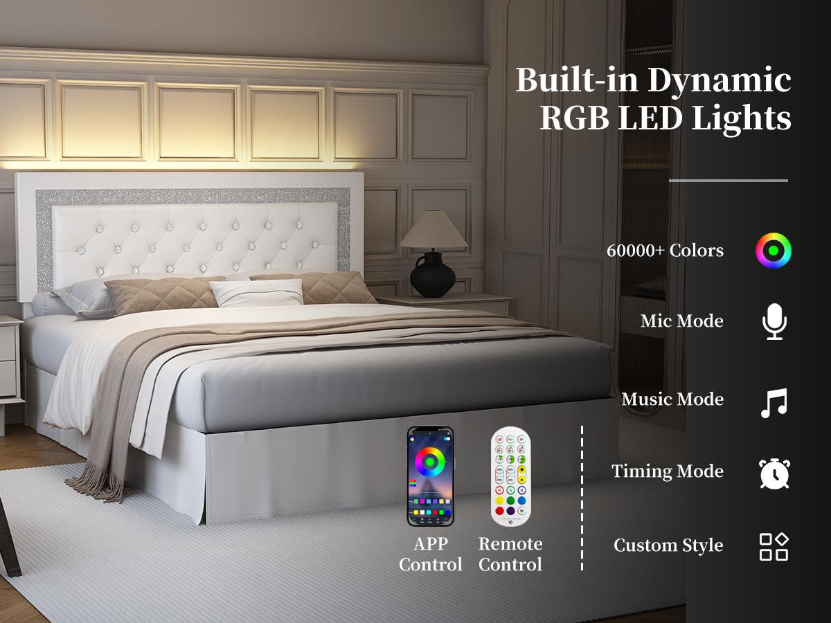 SIBEDS Queen Bed Frame with Adjustable Headboard, PU Upholstered Platform Bed for Bedroom, LED Lighting and Skirt, Diamond Tufted Design, Wooden Slat Support, Easy Assembly SIBEDS Queen Bed Frame with Adjustable Headboard, PU Upholstered Platform Bed for Bedroom, LED Lighting and Skirt, Diamond Tufted Design, Wooden Slat Support, Easy Assembly