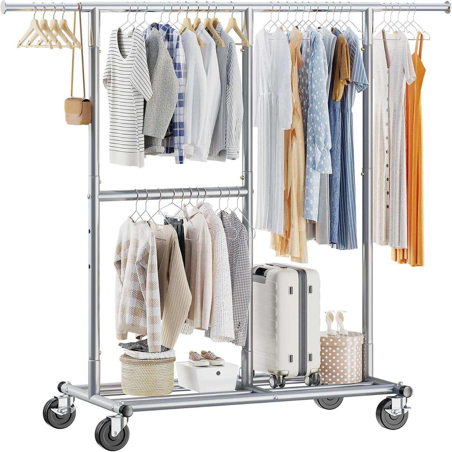 Raybee Furniture Clothes Rack Heavy Duty 450LBS Clothing Racks for Hanging Clothes Rolling Clothes Rack, Metal Clothing Rack with Wheels Collapsible & Commercial Garment Rack Portable Clothes Rack 【Black Friday】