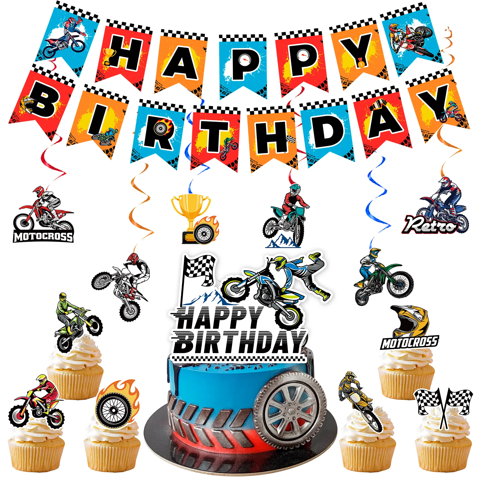 Dirt Bike Birthday Party Decorations, 20 Pcs Dirt Bike Party Supplies - Motorcycle Birthday Banner, Motocross Party Hangling Swirls & Dirt Bike Birthday Cake Topper etc Motorcycle Birthday Decorations