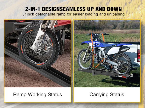 Nilight Motorcycle Hitch Carrier 600LBS, Heavy Duty Dirt Bike Hitch Hauler with 55.11" Longer Ramp, Hitch Pin, Tie-Down Strap and Hitch Tightener, 2" Receiver, 5" Wide Tire Nilight Motorcycle Hitch Carrier 600LBS, Heavy Duty Dirt Bike Hitch Hauler with 55.11" Longer Ramp, Hitch Pin, Tie-Down Strap and Hitch Tightener, 2" Receiver, 5" Wide Tire