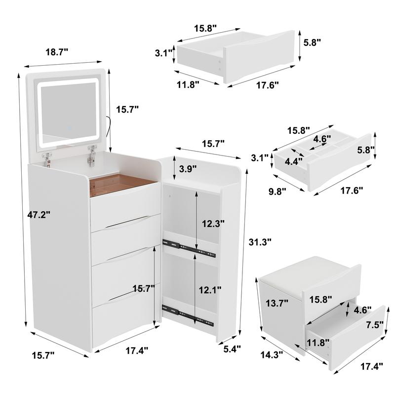 FUFU&GAGA 4 Types Makeup Vanity Desk with 3-Lights Mirror and Drawers for Makeup Equipped with Stool