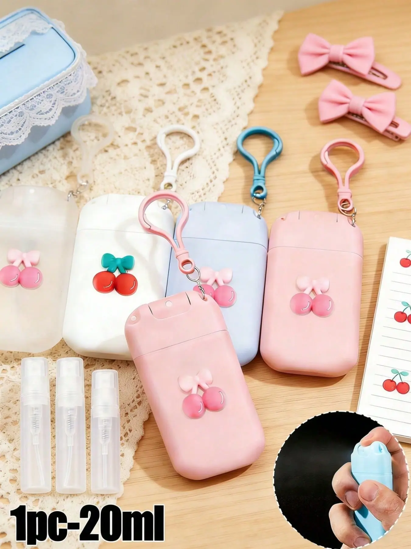 2/3/5/20ml portable card-style spray bottle, 0.68 oz card-style perfume sprayer, cute pink cherry decoration, perfume in a separate bottle, water essence in a separate bottle, and a separate bottle with a nozzle, with a lanyard