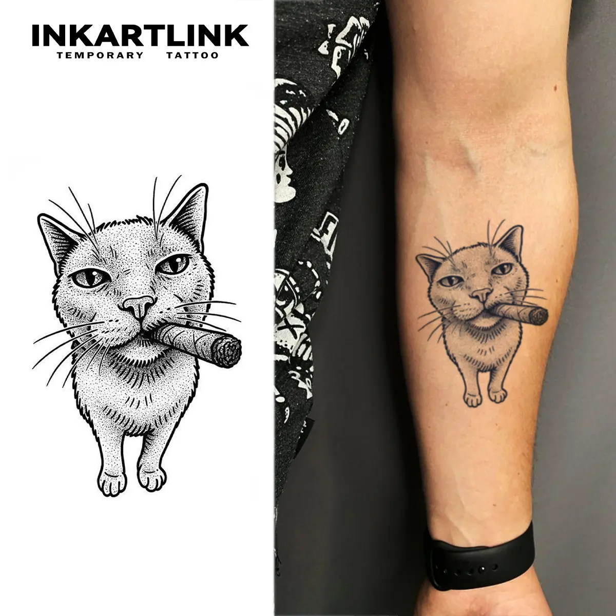INKARTLINK Realistic Temporary Tattoos, Funny Cigar-Smoking Cat Tattoo Art, 2 Sheets of Body Art Stickers for Adults, Suitable for All Skin Types