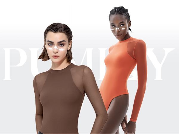 PUMIEY Mesh Long Sleeve Bodysuit for Women Crew Neck Body Suits Minimalist Round Neck Sheer Top Womenswear Underwear TikTokShopHolidayHaul