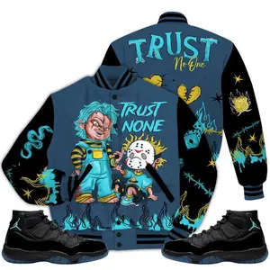 11 Gamma Blue Varsity Jacket, Gamma Blue 11s Outfits Matching Shirt, Scary Trust No One Drip Graffiti Streetwear Sneaker Match High-Grade Polyester Knit Fabric
