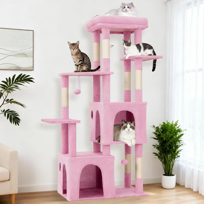 61" Large Cat Tree Tower for Indoor Cats, Heavy-Duty Multi-Level Cat Condo for Maine Coon & Big Cats with Extra-Large Perch, 2 Spacious Houses, Sisal Scratching Posts & Hanging Toys