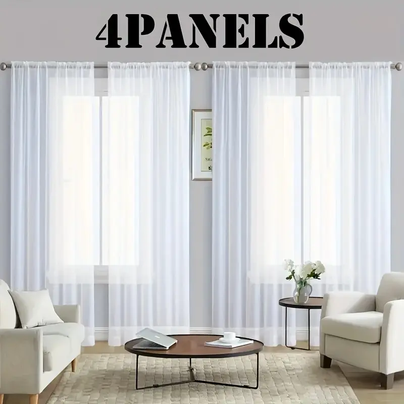 4-Panel Solid White Sheer Rod-Pocket Window Drapes, Transparent Lightweight Soft Home Textile Curtains for Bedroom & Living Room, 63/84/95/108in Length Sheer Panels