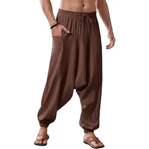 Runcati Men's Harem Pants Baggy Hippie Casual Cotton Linen Loose Boho Yoga Beach Drop Crotch Trouser