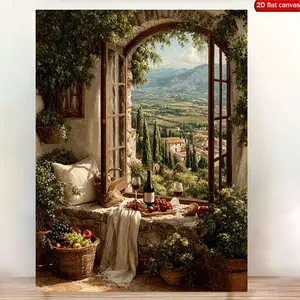[2D Flat] 1pc Tuscan Vineyard Window Scene Canvas Wall Art |   Rural Italian Country Landscape Painting, Featuring Wine and Fruit Still Life, Vineyard Scenery Suitable for Cozy Kitchen and Dining Room Decoration, Mediterranean Style Home Decor	