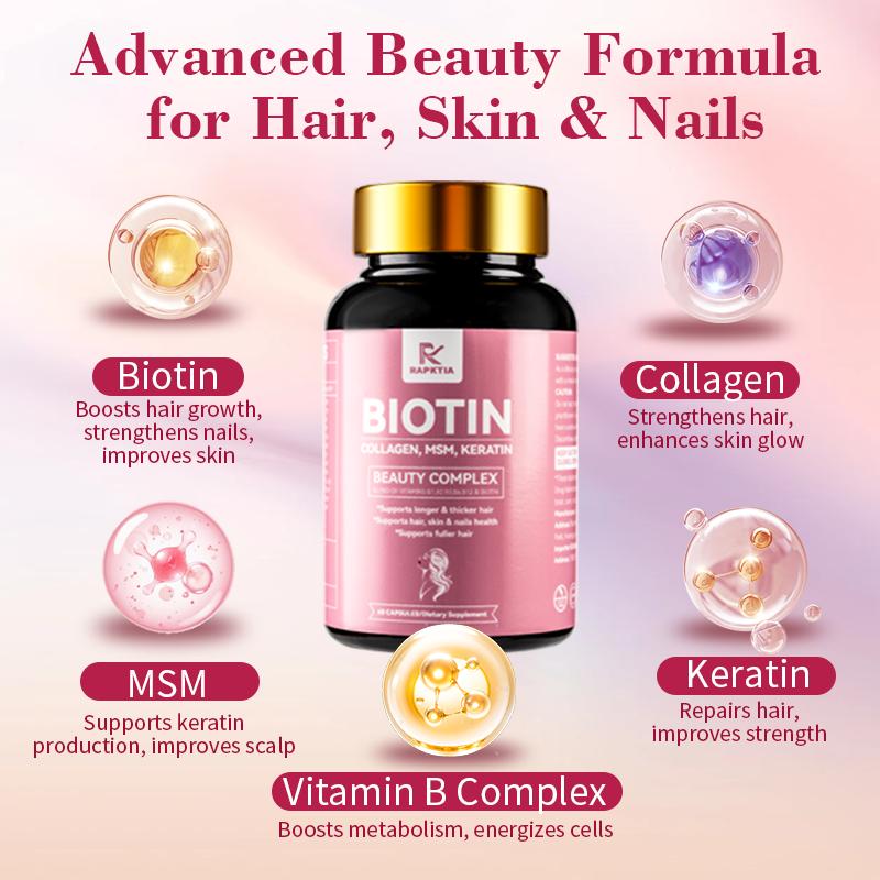 Stronger, Fuller Hair & Scalp support, High Potency Biotin 10,000mcg with collagen,MSM & Keratin, Promotes Thicker, Healthier Hair, Strong Nails & Glowing skin, Hair Growth Vitamins, 60 Capsules