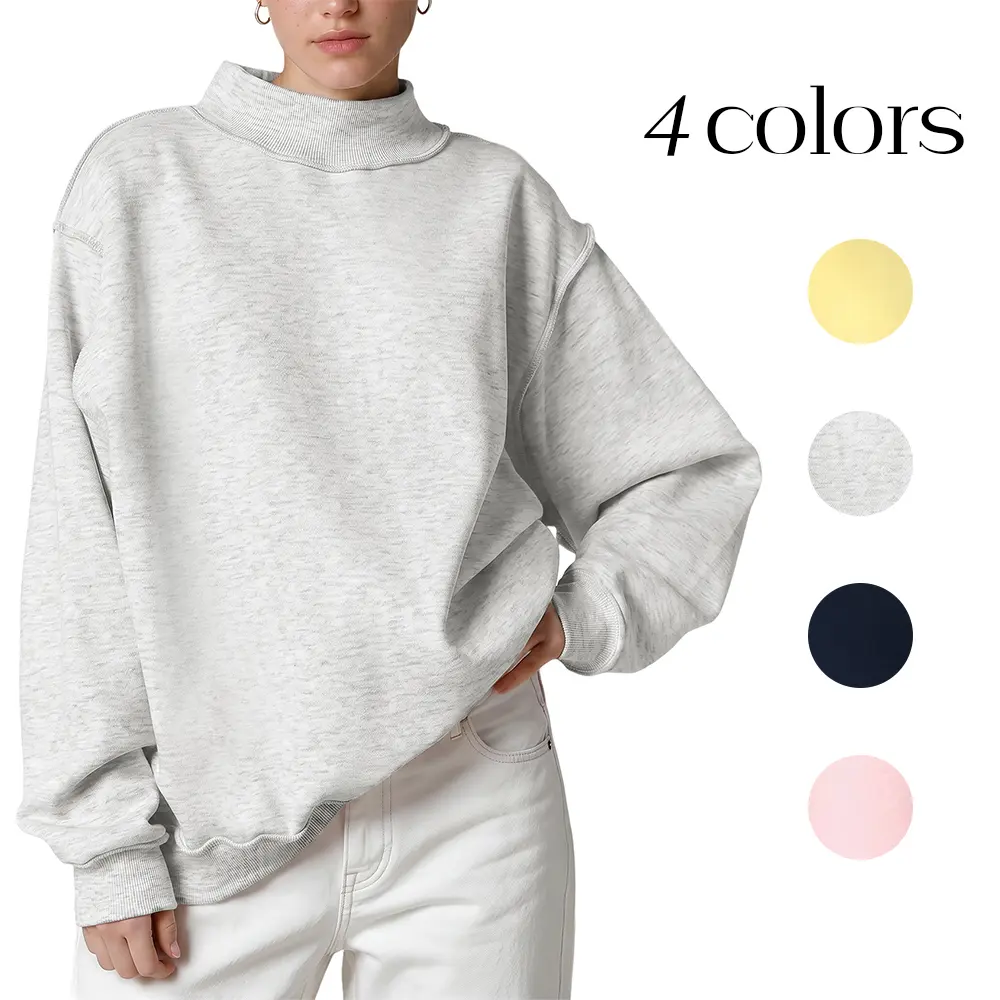 Wyeysyt Women's Mock Neck Fleece Sweatshirt, Oversized Baggy Loose-Fitting Plain Breathable Long Sleeve Pull-On Reversible Cozy Basic Top