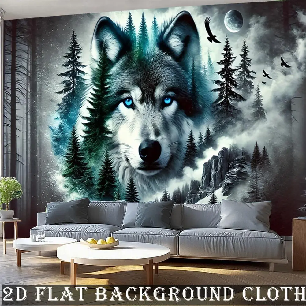 1PC Synthetic 2D Flat Nordic Forest Wolf Tapestry - Single Large Home Decor, Happy Birthday Backdrop Banner, Living Room Sofa Hanging, Bedroom Wallcloth