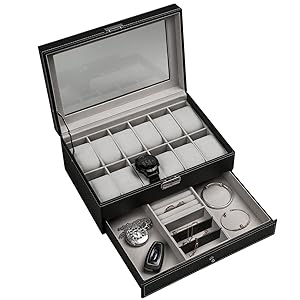 SUNNYGLADE 12 Slot PU Leather Lockable Watch Storage Boxes, Men & Women Jewelry Display Drawer Case, 2-tier Organizer Watch Showcase with Glass Lid SUNNYGLADE 12 Slot PU Leather Lockable Watch Storage Boxes, Men & Women Jewelry Display Drawer Case, 2-tier Organizer Watch Showcase with Glass Lid