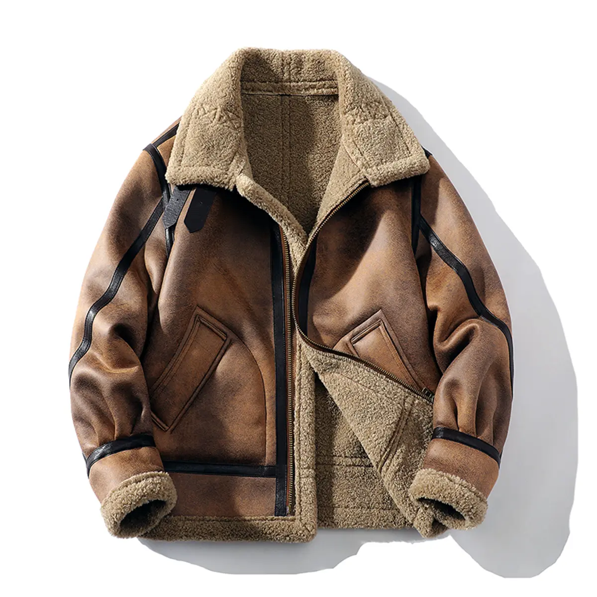 Men's Handmade Limited-Edition Winter Thickened Warm Outerwear Fleece-Lined Windproof for Outdoor Use Brown Leather Look