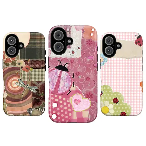 Whimsical Pink Ladybug Lace Smartphone Case - Slim, Cottagecore Aesthetic, Patchwork Polka Dot Floral, Kawaii Vintage Garden Cartoon Art, Girl-Focused Animals/Insects/Dinosaurs Casing for iPhone 11-17, Multi-Device Protection Phone Accessory